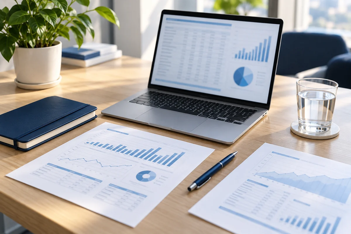 Imagem ilustrativa de notebook e relatórios organizados em uma mesa de gestão financeira.